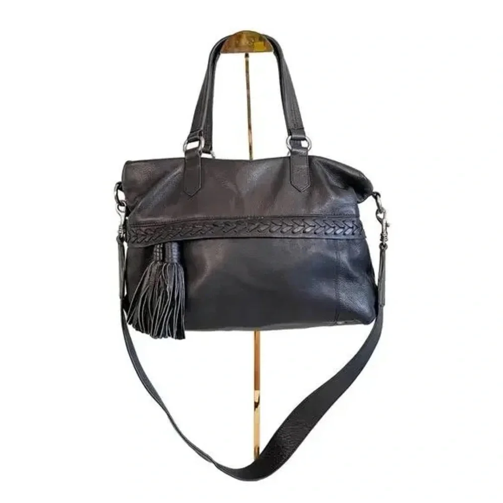 Joelle Hawkins Black Leather Tassels 2 Compartments Travel Luggage Duffle Bag - Picture 1 of 11